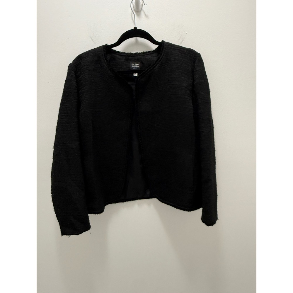 Eileen Fisher Petite large Black Textured Open Front Blazer Fringe Trim Jacket